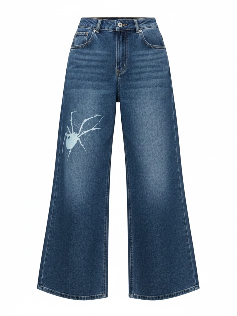 Wide Leg Blue Denim Jeans with spider Paint Detail